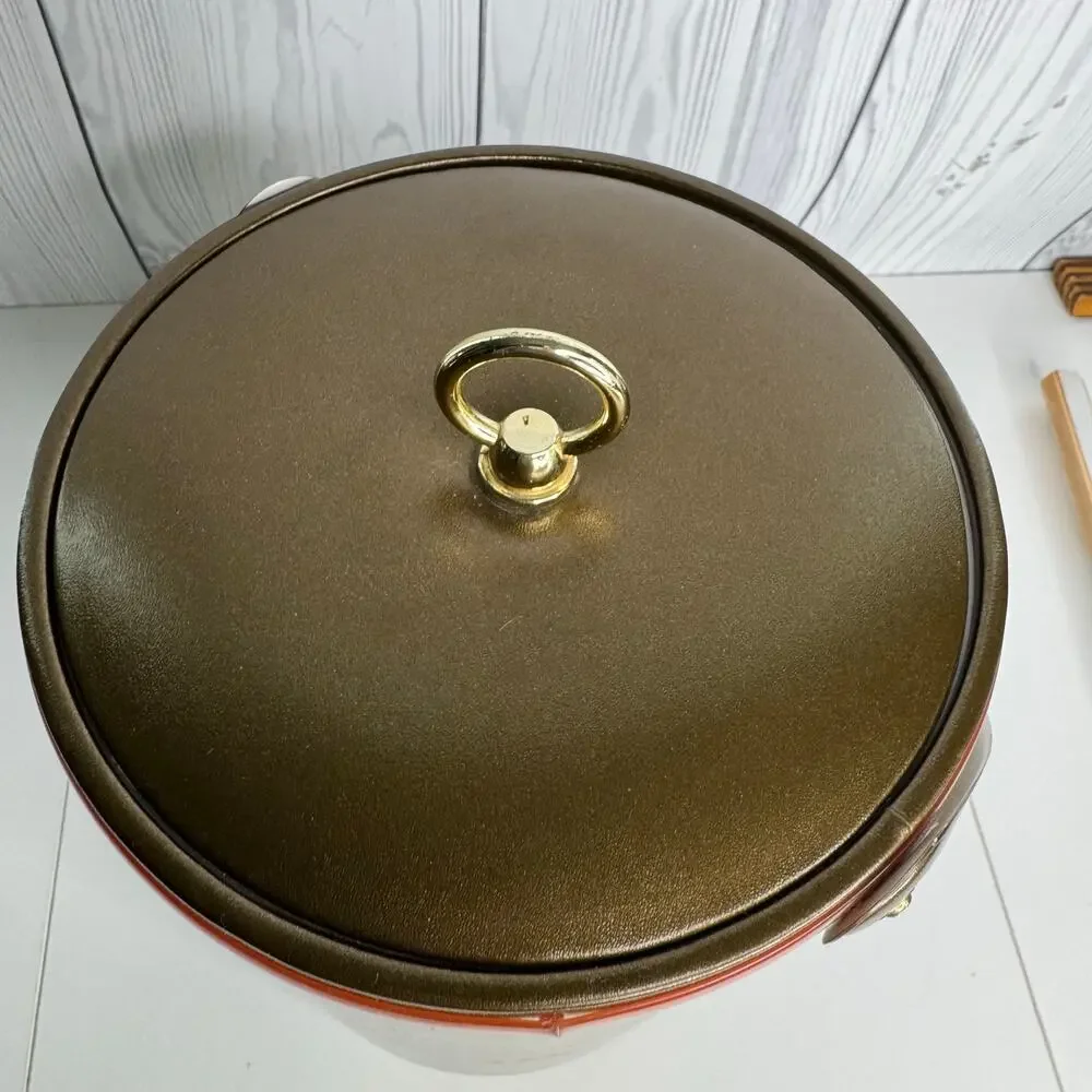 VTG MCM Ice Bucket W/ Lid Georges Briard Brown Faux Leather Brass Retro 12 x 8